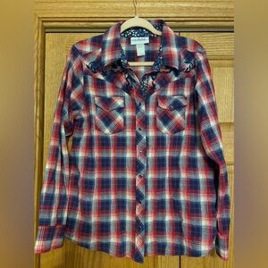 Back in the Saddle Vintage Shirt Womens large Plaid Western Snap Soft Cotton